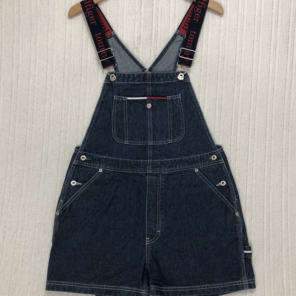 Tommy Jeans Womens Dark Wash Denim Shortall Overalls Logo Straps Size L